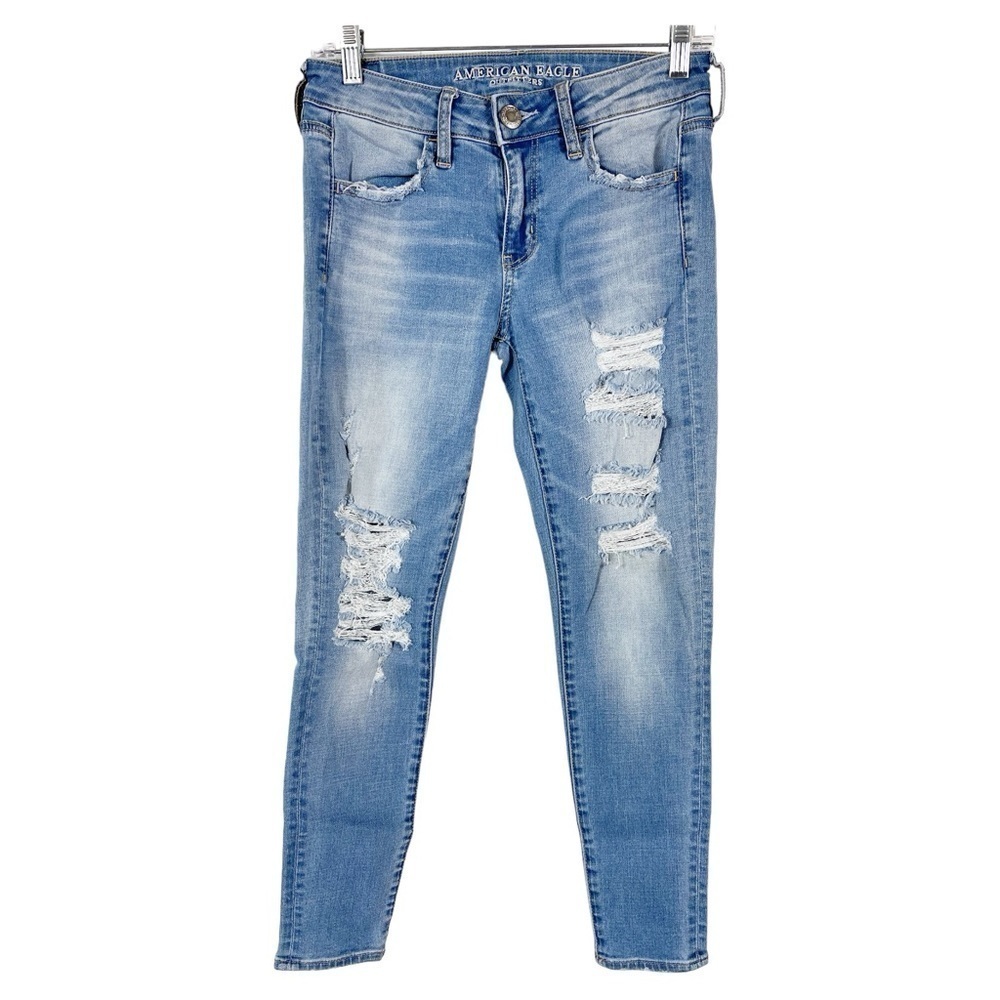 American Eagle Super Stretch X Distressed Light Wash Blue Denim Jegging 4